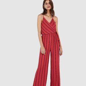 Red Striped Jumpsuit Wide-Leg V-Neck
